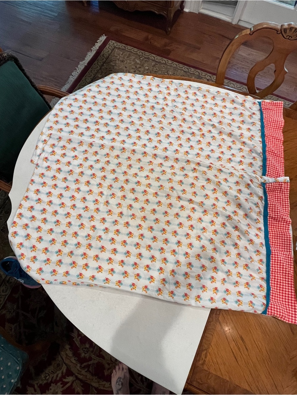 Vintage farmhouse style Floral Print Pillowcase with Red Gingham Trim. Set of 2